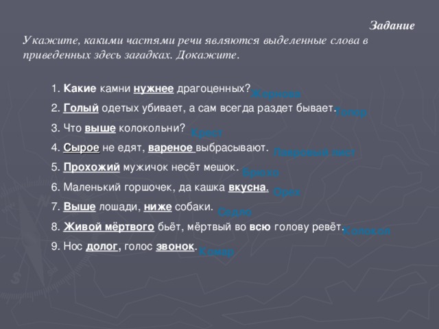 Задание Укажите, какими частями речи являются выделенные слова в приведенных здесь загадках. Докажите. 1. Какие камни нужнее драгоценных? 2.  Голый  одетых убивает, а сам всегда раздет бывает. 3. Что выше колокольни? 4. Сырое не едят, вареное  выбрасывают. 5. Прохожий мужичок несёт мешок. 6. Маленький горшочек, да кашка вкусна .  7. Выше лошади, ниже собаки. 8. Живой мёртвого бьёт, мёртвый во всю голову ревёт. 9. Нос долог , голос звонок . Жернова Топор Крест Лавровый лист Брюхо Орех Седло Колокол Комар