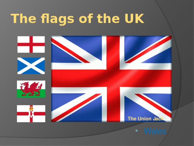 The flags of the UK Wales Northern Ireland Scotland England The Union Jack