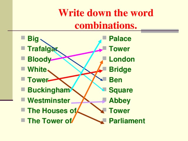 Write down the word combinations.