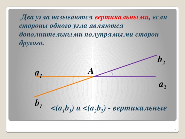 Два угла называются вертикальными , если стороны одного угла являются дополнительными полупрямыми сторон другого. b 2 A а 1  а 2  b 1  1 b 1 ) и  2 b 2 ) - вертикальные 6