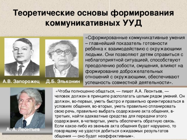 Теоретические основы формирования коммуникативных УУД «Сформированные коммуникативные умения – главнейший показатель готовности ребёнка к взаимодействию с окружающими людьми. Они позволяют детям справиться с неблагоприятной ситуацией, способствуют преодолению робости, смущения, влияют на формирование доброжелательных отношений с окружающими, обеспечивают успешность совместной деятельности». А.В. Запорожец Д.Б. Эльконин  «Чтобы полноценно общаться, — пишет А.А. Леонтьев, — человек должен в принципе располагать целым рядом умений. Он должен, во-первых, уметь быстро и правильно ориентироваться в условиях общения, во-вторых, уметь правильно спланировать свою речь, правильно выбрать содержание акта общения, в-третьих, найти адекватные средства для передачи этого содержания, в-четвертых, уметь обеспечить обратную связь. Если какое-либо из звеньев акта общения будет нарушено, то говорящему не удастся добиться ожидаемых результатов общения — оно будет неэффективным».  А. А. Леонтьев