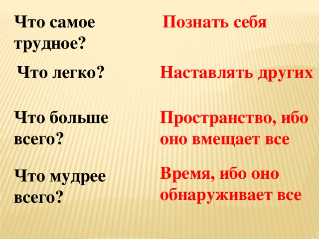 Что самое Познать себя трудное?   Что легко? Наставлять других     Что больше всего? Пространство, ибо оно вмещает все   Время, ибо оно обнаруживает все   Что мудрее всего?