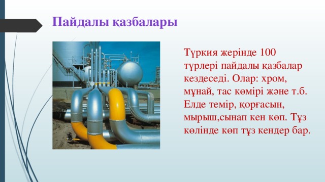 Пайдалы қазбалары Түркия жерінде 100 түрлері пайдалы қазбалар кездеседі. Олар: хром, мұнай, тас көмірі және т.б. Елде темір, қорғасын, мырыш,сынап кен көп. Тұз көлінде көп тұз кендер бар.