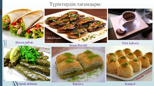 Түріктердің тағамдары: Durum kebab Türk kahvesi Imam Bayildi Yaprak dolmasi Baklava Kadayif