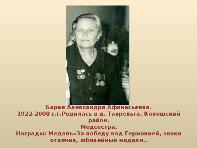 Баран Александра Афанасьевна.  1922-2008 г.г.Родилась в д. Тавреньга, Коношский район.  Медсестра.  Награды: Медаль«За победу над Германией, знаки отличия, юбилейные медали..