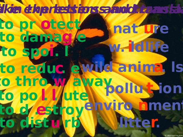 Make expressions and translate Fill in the letters and translate o to pr . tect u nat . re g to dama . e i w. ldlife i to spo . l a c wild anim . ls to redu . e to thro . away w t pollu . ion l l to po . . ute n enviro . ment e to d . stroy r litte . u to dist . rb