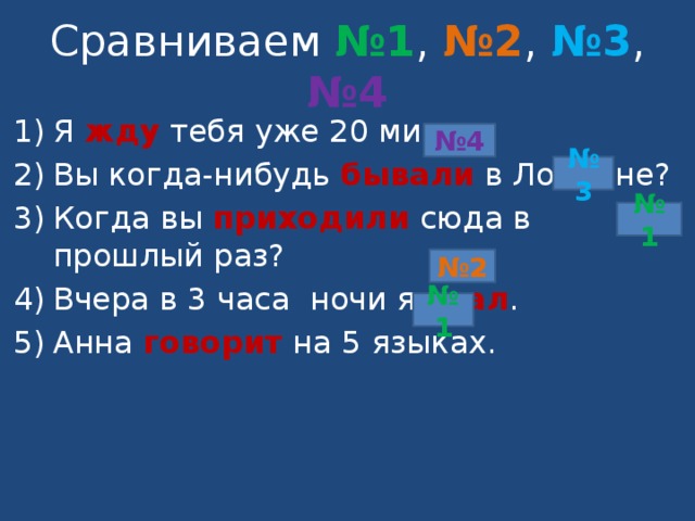 Сравниваем №1 , №2 , №3 , №4 Я жду тебя уже 20 минут. Вы когда-нибудь бывали  в Лондоне? Когда вы приходили  сюда в прошлый раз? Вчера в 3 часа ночи я спал . Анна говорит  на 5 языках. № 4 № 3 № 1 № 2 № 1