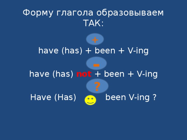 Форму глагола образовываем ТАК: have (has) + been + V-ing have (has) not + been + V-ing Have (Has) been V-ing ? + - ?