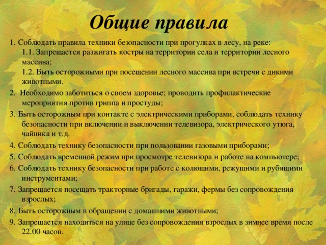 Общие правила 1. Соблюдать правила техники безопасности при прогулках в лесу, на реке:  1.1. Запрещается разжигать костры на территории села и территории лесного массива;  1.2. Быть осторожными при посещении лесного массива при встречи с дикими животными. 2.  Необходимо заботиться о своем здоровье; проводить профилактические мероприятия против гриппа и простуды; 3. Быть осторожным при контакте с электрическими приборами, соблюдать технику безопасности при включении и выключении телевизора, электрического утюга, чайника и т.д. 4. Соблюдать технику безопасности при пользовании газовыми приборами; 5. Соблюдать временной режим при просмотре телевизора и работе на компьютере; 6. Соблюдать технику безопасности при работе с колющими, режущими и рубящими инструментами; 7. Запрещается посещать тракторные бригады, гаражи, фермы без сопровождения взрослых; 8. Быть осторожным в обращении с домашними животными; 9. Запрещается находиться на улице без сопровождения взрослых в зимнее время после 22.00 часов.