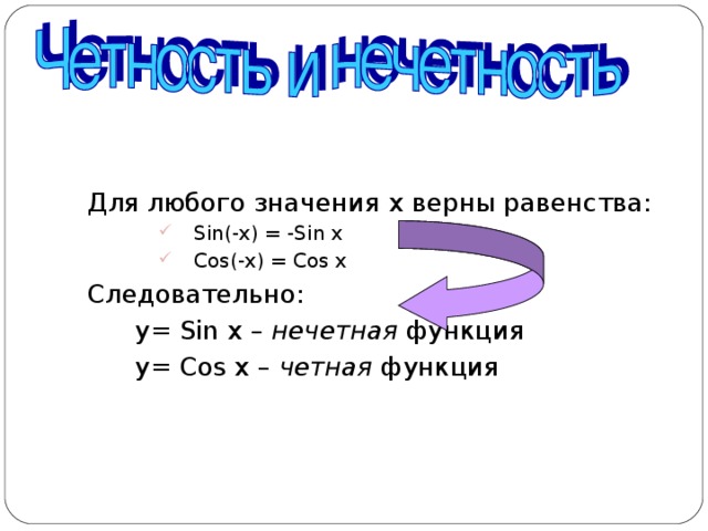 Для любого значения x верны равенства : Sin(-x) = -Sin x Cos(-x) = Cos x Sin(-x) = -Sin x Cos(-x) = Cos x Sin(-x) = -Sin x Cos(-x) = Cos x Следовательно :  y= Sin x – нечетная функция  y= Cos x – четная функция