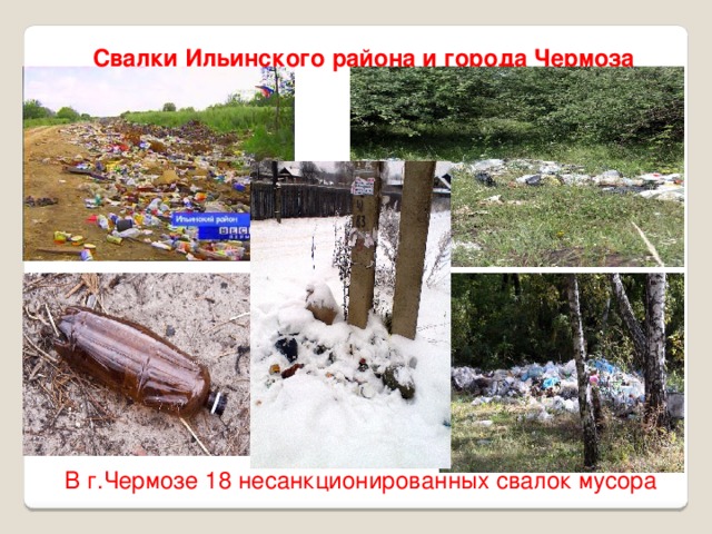 Свалки Ильинского района и города Чермоза В г.Чермозе 18 несанкционированных свалок мусора