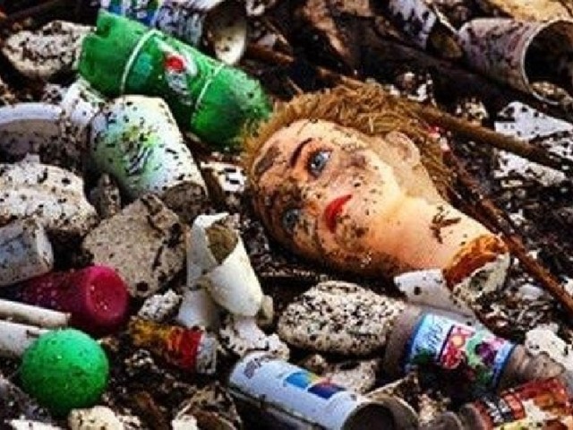 А это мусор крупным планом. Что мы здесь видим? Одноразовая посуда, пластиковые бутылки, баллончики, игрушки – всё то, что мы используем в повседневной жизни и ежедневно выбрасываем в больших количествах на помойку.