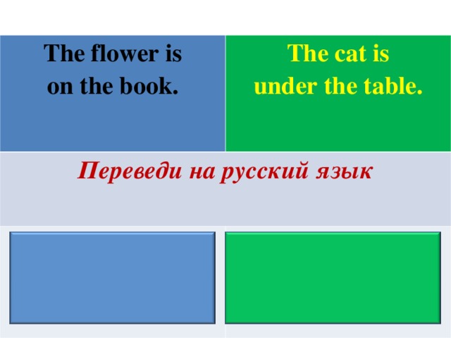 The flower is on the book. The cat is under the table. Переведи на русский язык Цветок на книге. Кот под столом.