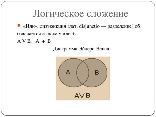 Логическое сложение    «Или», дизъюнкция (лат. disjunctio — разделение) об означается знаком v или +. А V В, А + В Диаграмма Эйлера-Венна: