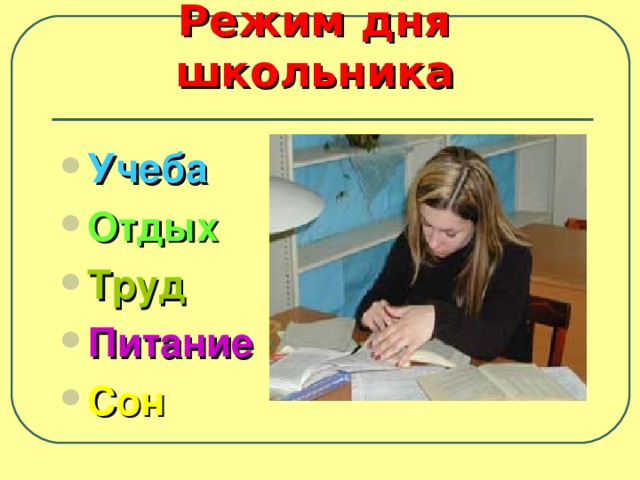 Режим дня школьника Учеба Отдых Труд Питание Сон