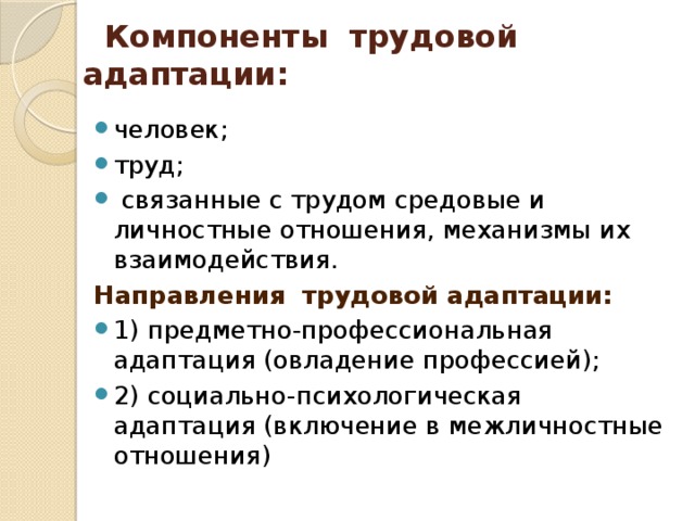 Компоненты трудовой адаптации: человек; труд;  связанные с трудом средовые и личностные отношения, механизмы их взаимодействия. Направления трудовой адаптации: