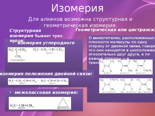 Изомерия Для алкенов возможна структурная и геометрическая изомерия. Геометрическая или цистрансизомерия.   Структурная изомерия   бывает трех видов: О заместителях, расположенных в плоскости молекулы по одну сторону от двойной связи, говорят, что они находятся в цисположении относительно друг друга, а по разные стороны — в трансположении.          изомерия углеродного скелета:     изомерия положения двойной связи:   межклассовая изомерия: