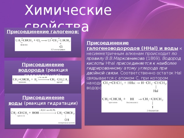 Химические свойства Присоединение галогенов:     Присоединение галогеноводородов (HHal) и воды   к несимметричным алкенам происходит  по правилу В.В.Марковникова  (1869).  Водород кислоты  Hhal  присоединяется к наиболее гидрированному атому углерода при двойной связи.  Соответственно остаток Hal связывается с атомом С, при котором находится меньшее число атомов водорода. Присоединение водорода  (реакция гидрирования): Присоединение воды  (реакция гидратации)