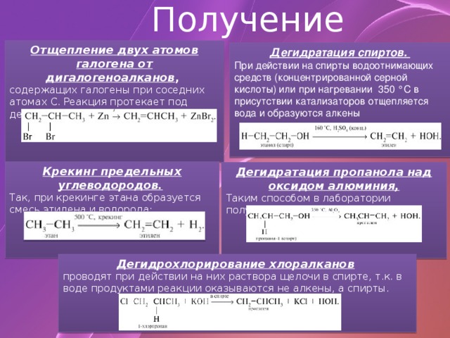 Получение Отщепление двух атомов галогена от дигалогеноалканов , содержащих галогены при соседних атомах С. Реакция протекает под действием металлов (Zn и др.): Дегидратация спиртов. При действии на спирты водоотнимающих средств (концентрированной серной кислоты) или при нагревании   350 °С в присутствии катализаторов отщепляется вода и образуются алкены  Крекинг предельных углеводородов.   Так, при крекинге этана образуется смесь этилена и водорода: Дегидратация пропанола над оксидом алюминия, Таким способом в лаборатории получают этилен.   Дегидрохлорирование хлоралканов   проводят при действии на них раствора щелочи в спирте, т.к. в воде продуктами реакции оказываются не алкены, а спирты.