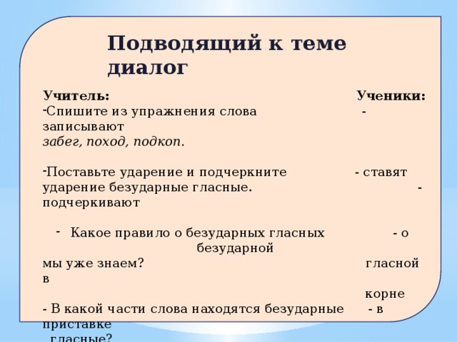 Подводящий к теме диалог Учитель:  Ученики: Спишите из упражнения слова - записывают забег, поход, подкоп.  Поставьте ударение и подчеркните - ставят ударение безударные гласные. - подчеркивают  Какое правило о безударных гласных - о безударной мы уже знаем? гласной в  корне - В какой части слова находятся безударные - в приставке  гласные? -Значит какая сегодня тема урока? - безударные  гласные в  приставке