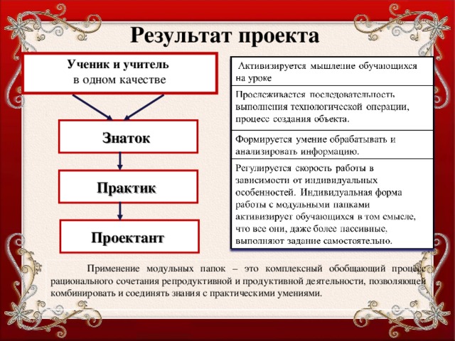 Результат проекта Ученик и учитель  в одном качестве Знаток  Практик Проектант  Применение модульных папок – это комплексный обобщающий процесс рационального сочетания репродуктивной и продуктивной деятельности, позволяющей комбинировать и соединять знания с практическими умениями.