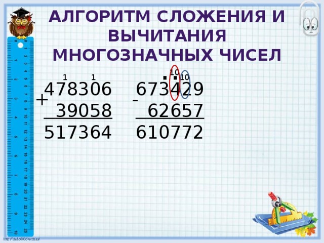 Алгоритм сложения и вычитания многозначных чисел . . 10 1 1 10 673429 478306  39058  62657 610772 517364 - +