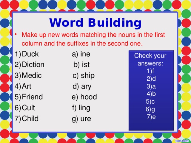 Word Building Make up new words matching the nouns in the first column and the suffixes in the second one . Duck a) ine Diction b) ist Medic c) ship Art d) ary Friend e) hood Cult f) ling Child g) ure Check your answers: