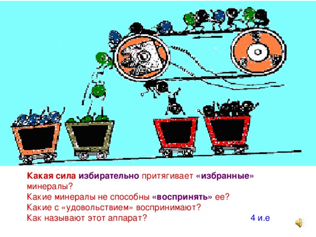 Какая сила  избирательно притягивает «избранные» минералы? Какие минералы не способны «воспринять» ее? Какие с «удовольствием» воспринимают? Как называют этот аппарат?     4 и.е