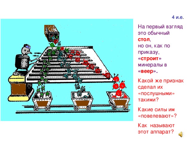 4 и.е На первый взгляд это обычный стол , но он, как по приказу, « строит » минералы в « веер ».  Какой же признак сделал их «послушными» такими? Какие силы им «повелевают»? Как называют этот аппарат?