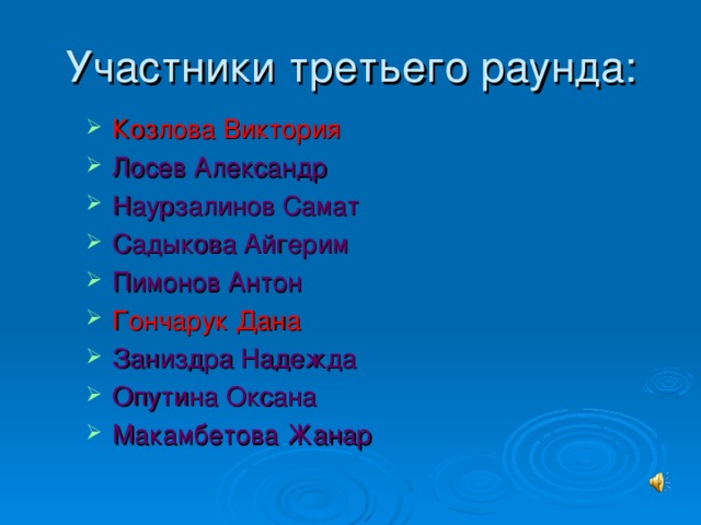 Козлова Виктория Лосев Александр Наурзалинов Самат Садыкова Айгерим Пимонов Антон Гончарук Дана Заниздра Надежда Опутина Оксана Макамбетова Жанар