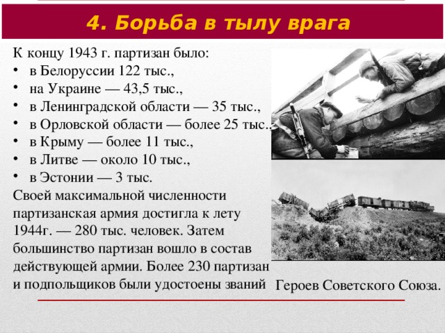 4. Борьба в тылу врага К концу 1943 г. партизан было: в Белоруссии 122 тыс., на Украине — 43,5 тыс., в Ленинградской области — 35 тыс., в Орловской области — более 25 тыс., в Крыму — более 11 тыс., в Литве — около 10 тыс., в Эстонии — 3 тыс. Своей максимальной численности партизанская армия достигла к лету 1944г. — 280 тыс. человек. Затем большинство партизан вошло в состав действующей армии. Более 230 партизан и подпольщиков были удостоены званий Героев Советского Союза.