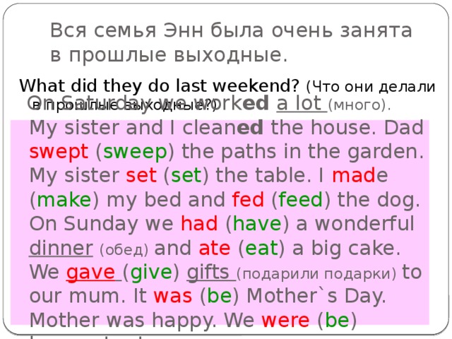 Вся семья Энн была очень занята в прошлые выходные. What did they do last weekend? (Что они делали в прошлые выходные?)  On Saturday we work ed  a lot (много). My sister and I clean ed the house. Dad swept ( sweep ) the paths in the garden. My sister set ( set ) the table. I mad e ( make ) my bed and fed ( feed ) the dog. On Sunday we had ( have ) a wonderful dinner  (обед) and ate ( eat ) a big cake. We gave  ( give ) gifts (подарили подарки) to our mum. It was ( be ) Mother`s Day. Mother was happy. We were ( be ) happy, too!