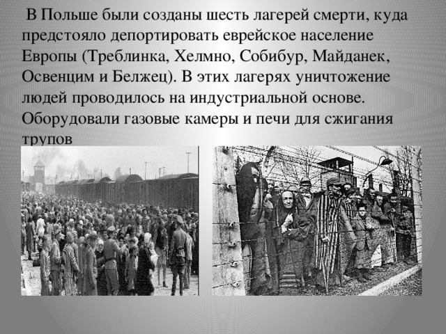 В Польше были созданы шесть лагерей смерти, куда предстояло депортировать еврейское население Европы (Треблинка, Хелмно, Собибур, Майданек, Освенцим и Белжец). В этих лагерях уничтожение людей проводилось на индустриальной основе. Оборудовали газовые камеры и печи для сжигания трупов