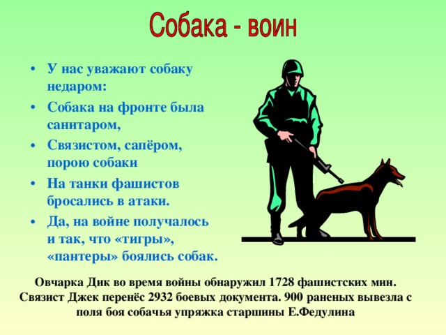 У нас уважают собаку недаром: Собака на фронте была санитаром, Связистом, сапёром, порою собаки На танки фашистов бросались в атаки. Да, на войне получалось и так, что «тигры», «пантеры» боялись собак.