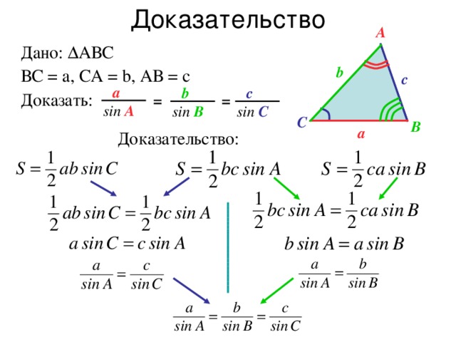 Доказательство A Дано:  АВС ВС = а, СА = b, АВ = с Доказать: b c a c b = = sin A sin B sin C С B a Доказательство: