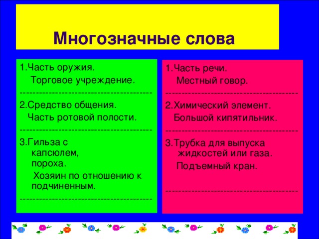 Многозначные слова 1.Часть оружия.  Торговое учреждение. ----------------------------------------- 2.Средство общения.  Часть ротовой полости. ----------------------------------------- 3.Гильза с капсюлем, зарядом пороха.  Хозяин по отношению к подчиненным. ----------------------------------------- 1.Часть речи.  Местный говор. ----------------------------------------- 2.Химический элемент.  Большой кипятильник. ----------------------------------------- 3.Трубка для выпуска жидкостей или газа.  Подъемный кран. -----------------------------------------