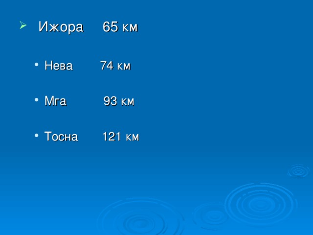 Ижора 65 км  Нева 74 км  Мга 93 км  Тосна 121 км  Нева 74 км  Мга 93 км  Тосна 121 км