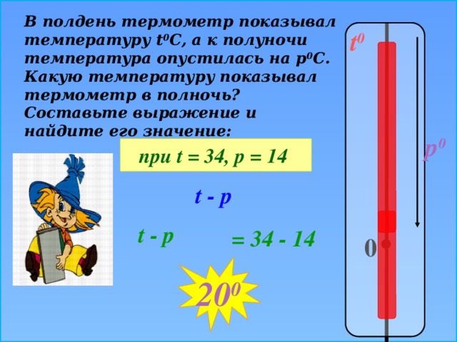 В полдень термометр показывал температуру t 0 C, а к полуночи температура опустилась на р 0 С. Какую температуру показывал термометр в полночь? Составьте выражение и найдите его значение: t 0 p 0 при t = 34, р = 14 t - p № 308 Виленкин Н.Я Математика – 5, 2006 год издания t - p = 34 - 14 0 20 0 6