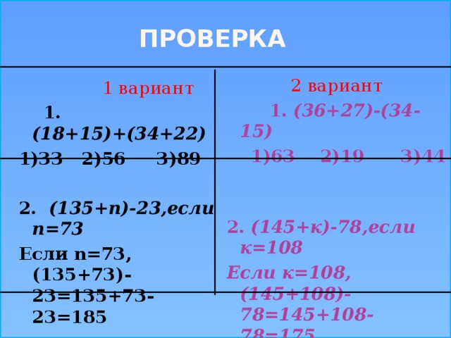 Проверка 2 вариант  1 вариант  1.  (18+15)+(34+22)  1. (36+27)-(34-15)  1)63 2)19 3)44 1)33 2)56 3)89   2. (135+n)-23,если n=73 2. (145+к)-78,если к=108 Если n=73, (135+73)-23=135+73-23=185 Если к=108, (145+108)-78=145+108-78=175