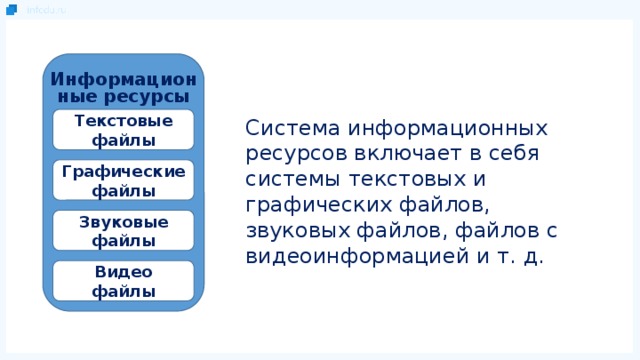 Информационные ресурсы Текстовые файлы Система информационных ресурсов включает в себя системы текстовых и графических файлов, звуковых файлов, файлов с видеоинформацией и т. д. Графические файлы Звуковые файлы Видео файлы