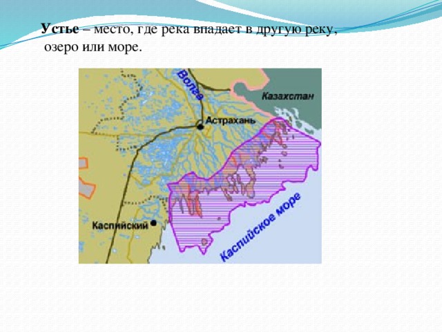 Устье – место, где река впадает в другую реку,  озеро или море.