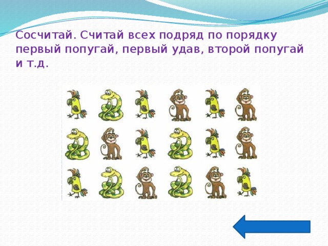 Сосчитай. Считай всех подряд по порядку первый попугай, первый удав, второй попугай и т.д.