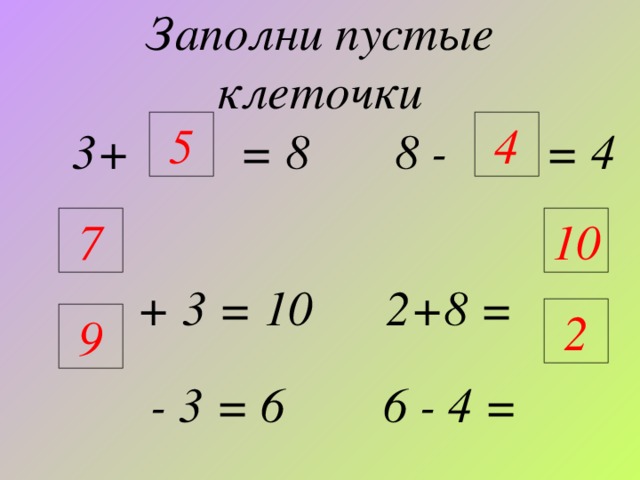 Заполни пустые клеточки 4 5  3+ = 8 8 - = 4    + 3 = 10 2+8 =   - 3 = 6 6 - 4 = 7 10 2 9