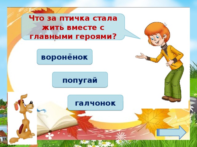 Что за птичка стала жить вместе с главными героями? воронёнок попугай галчонок Зобнина И.Е.