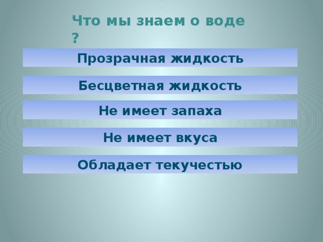 Что мы знаем о воде ? Прозрачная жидкость Бесцветная жидкость Не имеет запаха Не имеет вкуса Обладает текучестью