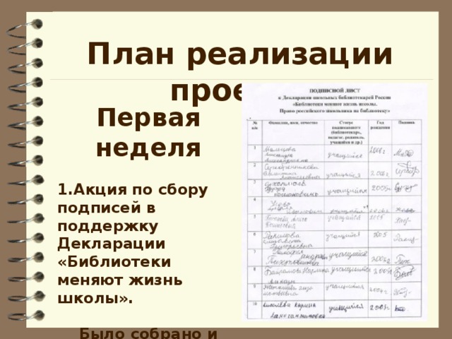 План реализации проекта Первая неделя Акция по сбору подписей в поддержку Декларации «Библиотеки меняют жизнь школы». Было собрано и отправлено 144 подписи.