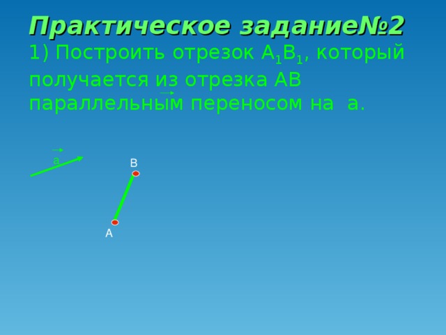 Практическое задание№2 1) Построить отрезок А 1 В 1 , который получается из отрезка АВ параллельным переносом на а. а В А