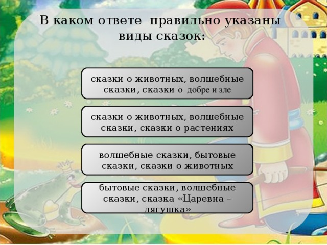 В каком ответе правильно указаны виды сказок: сказки о животных, волшебные сказки, сказки о  добре и зле НЕПРАВИЛЬНО сказки о животных, волшебные сказки, сказки о растениях НЕПРАВИЛЬНО волшебные сказки, бытовые сказки, сказки о животных ПРАВИЛЬНО бытовые сказки, волшебные сказки, сказка «Царевна – лягушка» НЕПРАВИЛЬНО