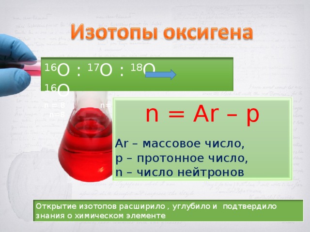 16 О : 17 О : 18 О 16 О n = 8 n =9 n =10 n=8 n = Ar – p Ar – массовое число, p – протонное число, n – число нейтронов Открытие изотопов расширило , углубило и подтвердило знания о химическом элементе