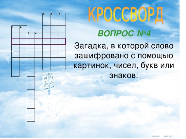 ВОПРОС №4 Загадка, в которой слово зашифровано с помощью картинок, чисел, букв или знаков.